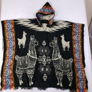Casa de Alpaca Handmade Hooded Poncho 70%‎ Alpaca Wool Llama Pattern Ecuador